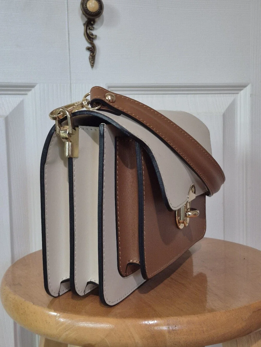 Isadora Italian Leather Satchel With Crossbody Stap Cream And Brown